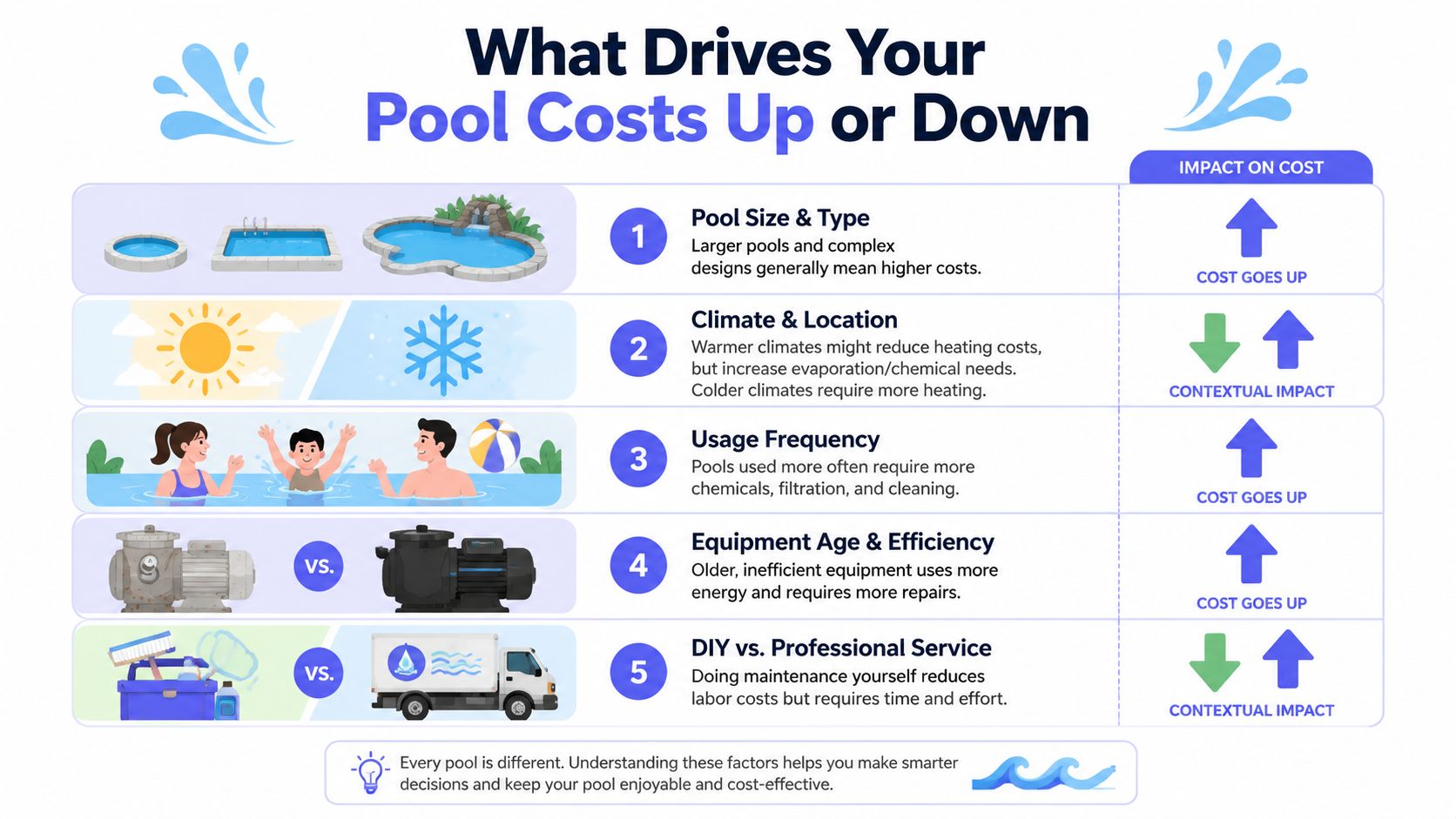 An infographic showing five key factors that influence the overall maintenance cost of swimming pools.