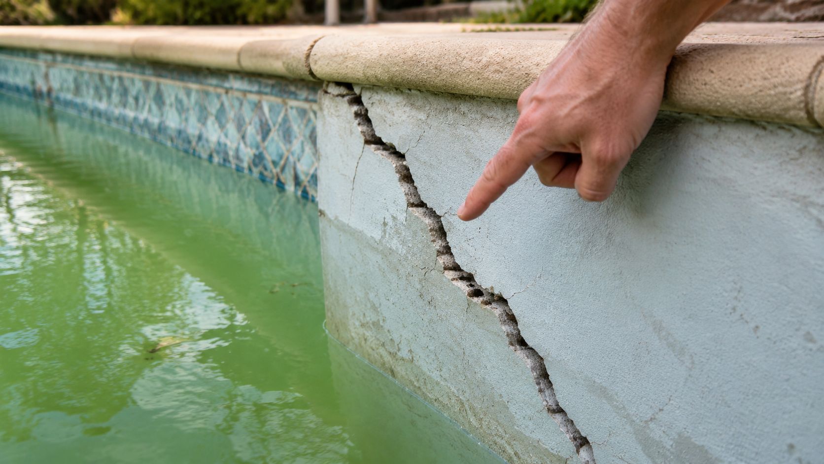 A close-up view of a person pointing at a large crack on a swimming pool wall.
