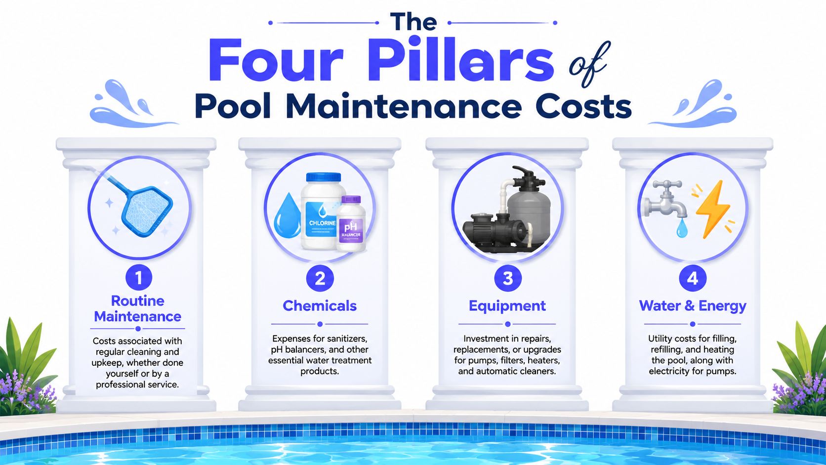 An infographic showing the four key pillars of pool maintenance costs including routine maintenance, chemicals, equipment, and utilities.