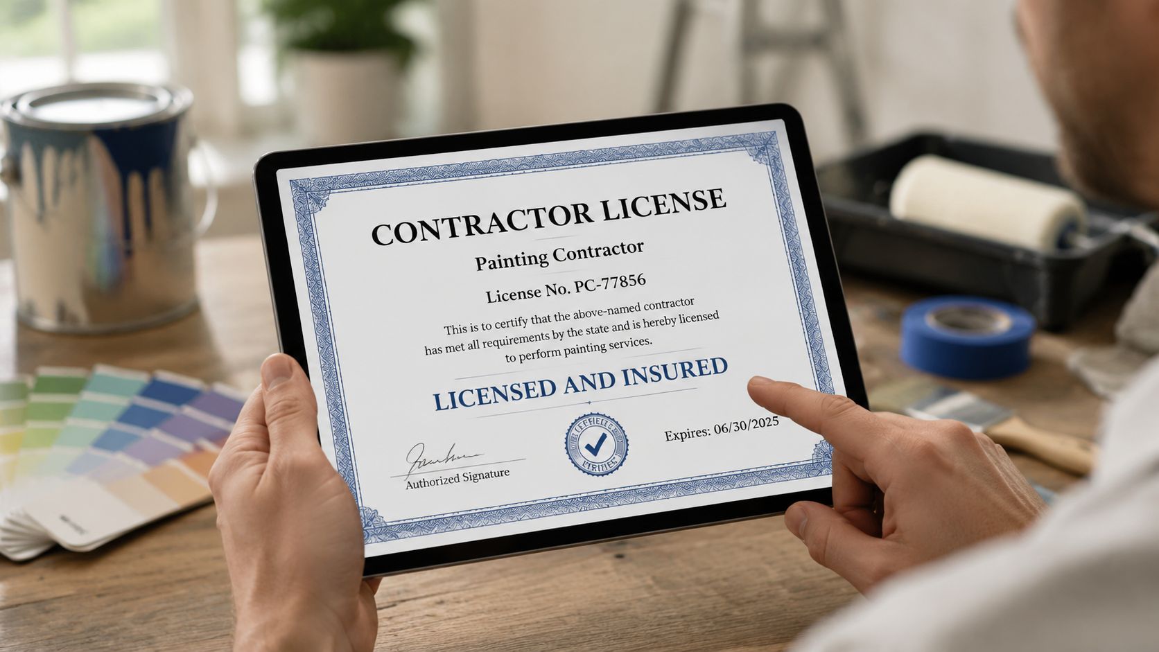 A contractor holding a digital tablet displaying an official painting contractor license certificate on a wooden table.