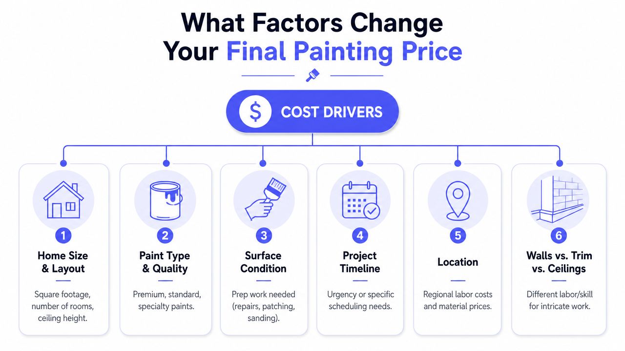 An infographic titled What Factors Change Your Final Painting Price, listing six key cost drivers for painting.