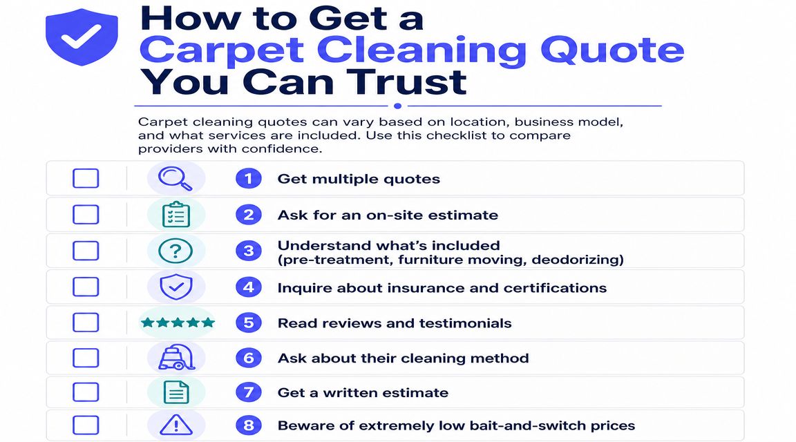 A checklist infographic titled How to Get a Carpet Cleaning Quote You Can Trust for consumers.