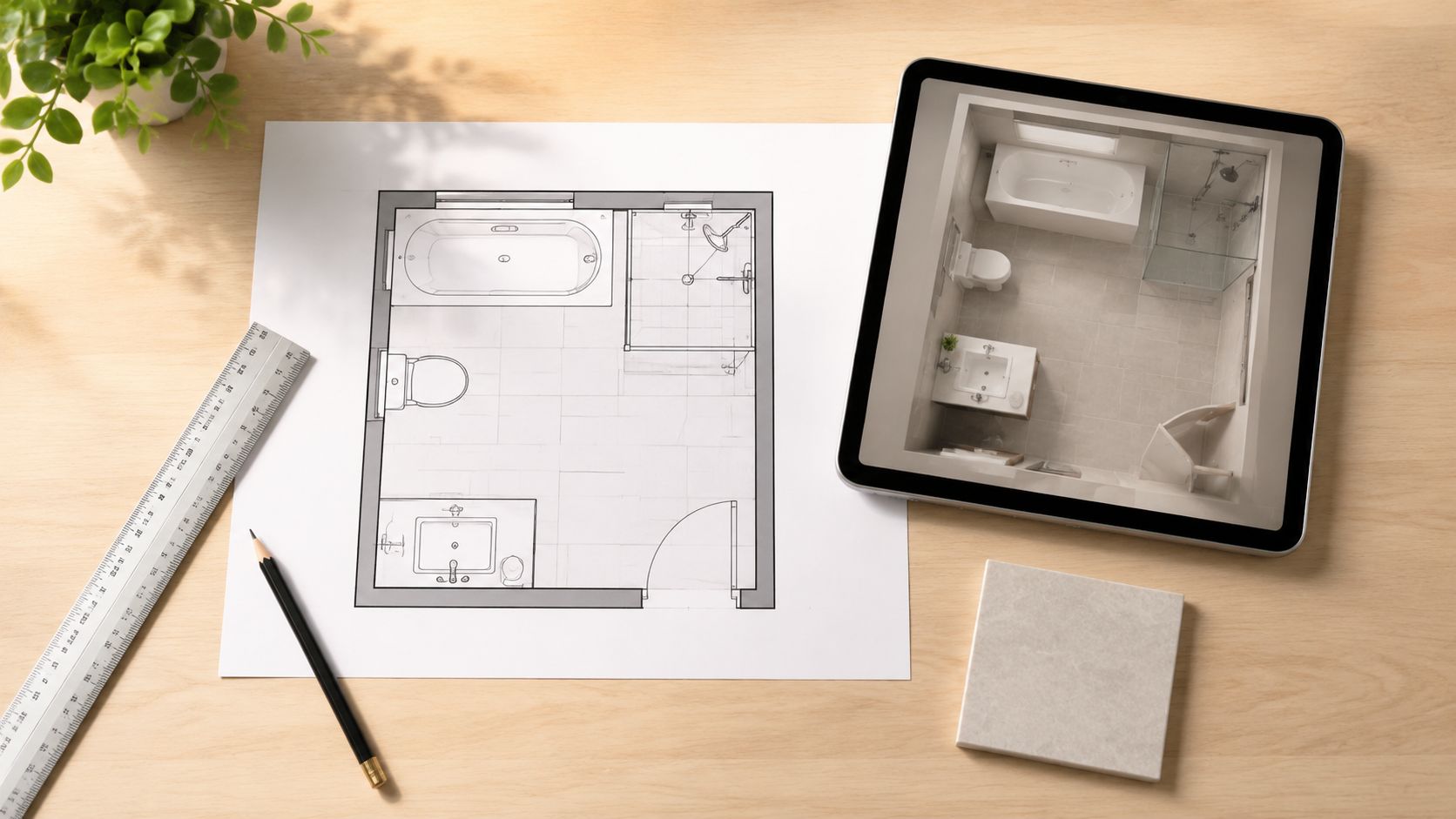Top view of a bathroom floor plan blueprint, a digital tablet with a 3D model, pencil, and ruler.