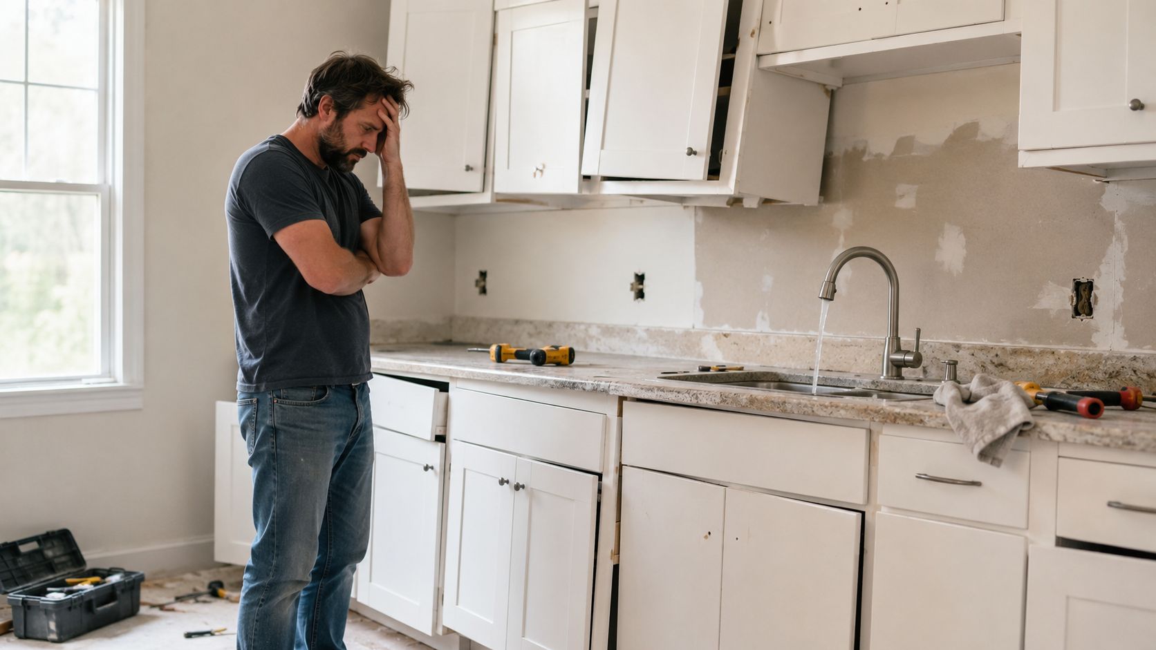 A frustrated man looking at a kitchen renovation project with tools and open cabinets in his home.