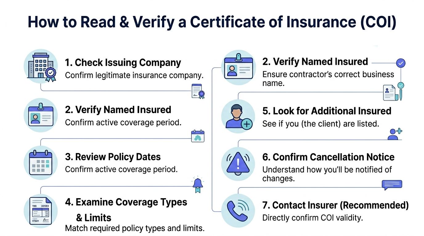An infographic detailing seven essential steps for reading and verifying a contractor certificate of insurance document.