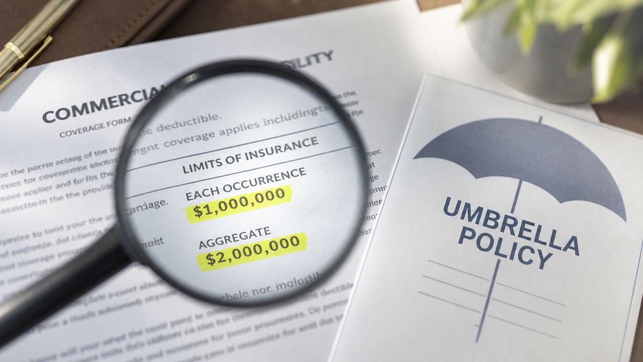 A magnifying glass focusing on commercial umbrella policy insurance limit details on a business contract document.