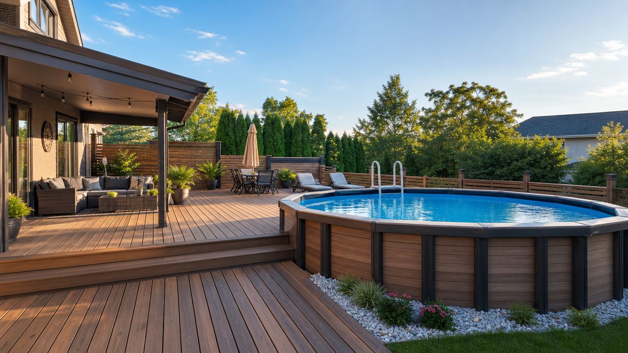 A modern outdoor deck featuring a round above-ground pool, comfortable lounge furniture, and lush green landscaping.