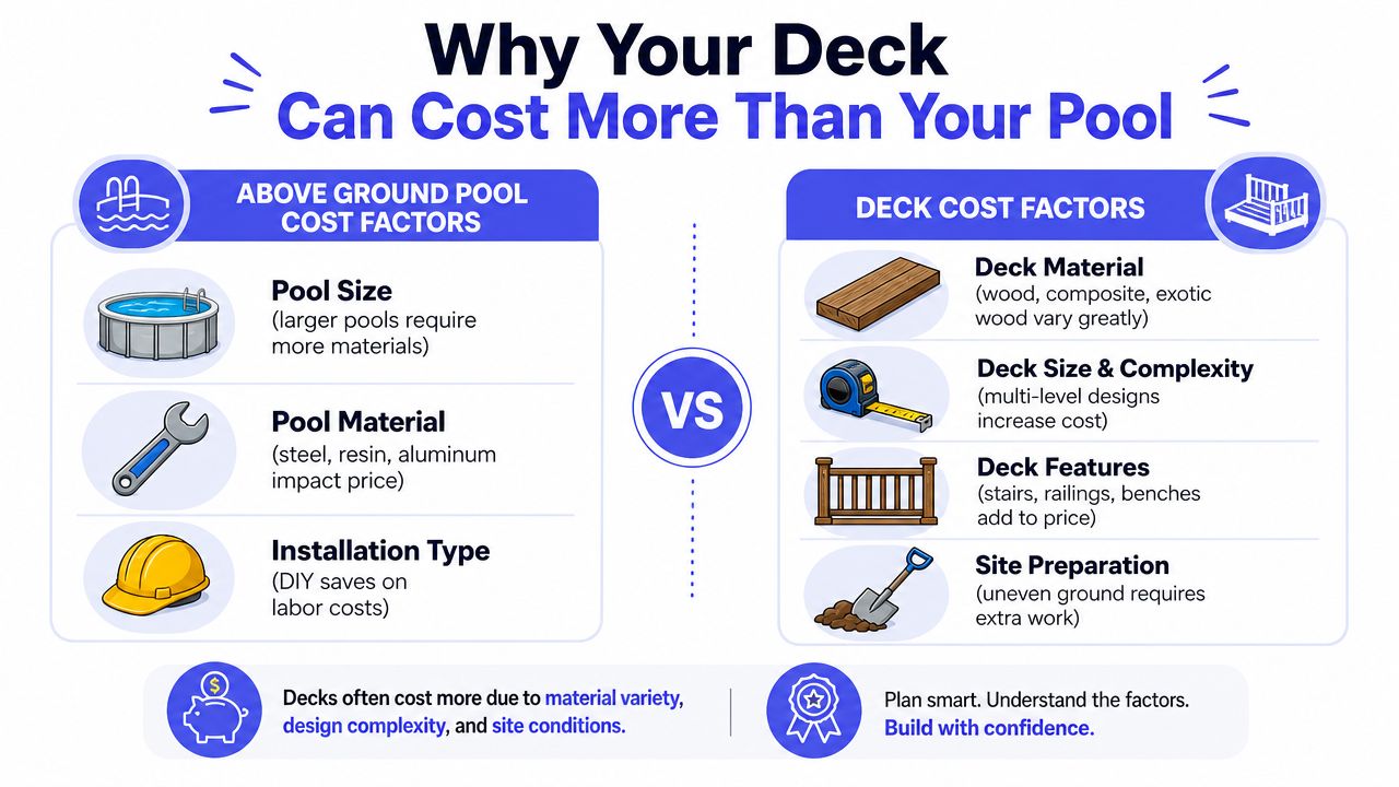 A comparison chart showing factors that influence the cost of an above ground pool versus a deck.