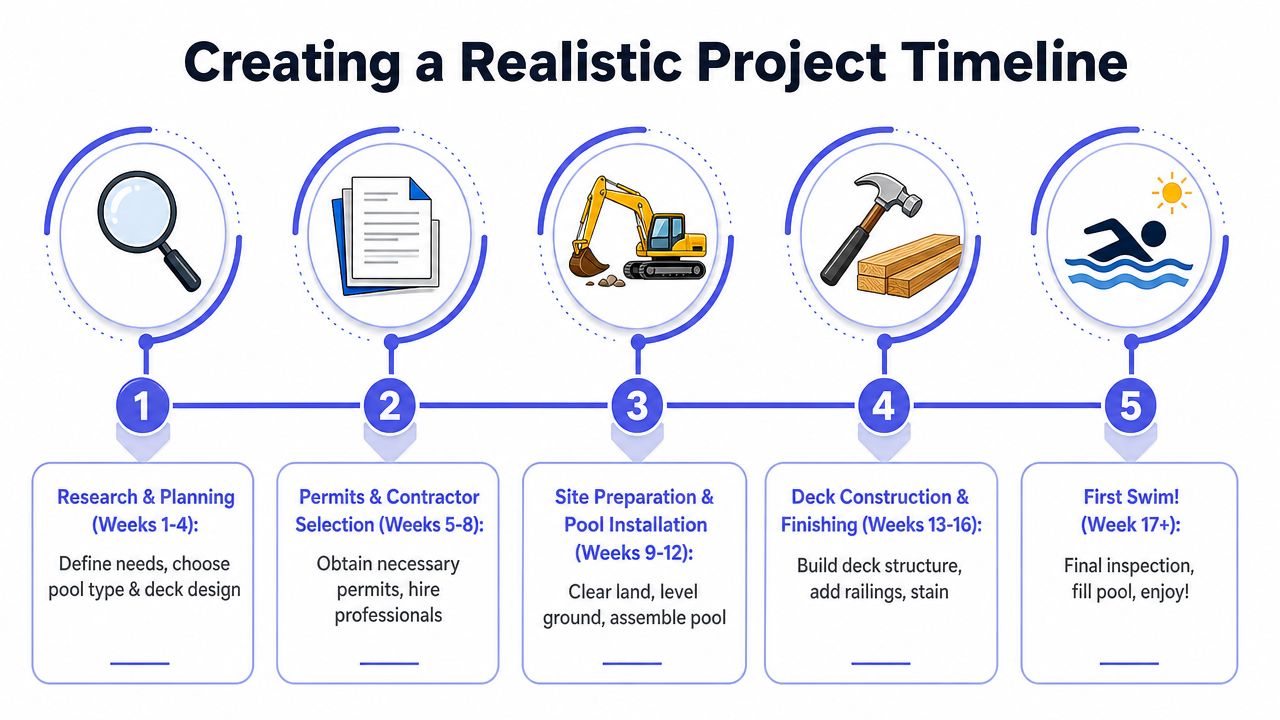 A five-step infographic showing the realistic timeline for installing an above ground pool and deck.