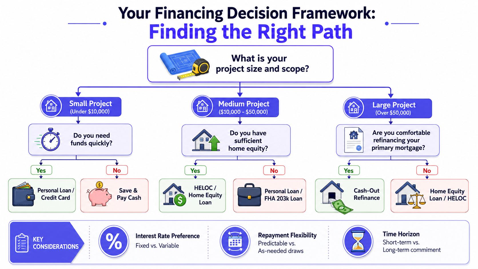 A flow chart illustrating home improvement financing options based on project size and individual financial circumstances.