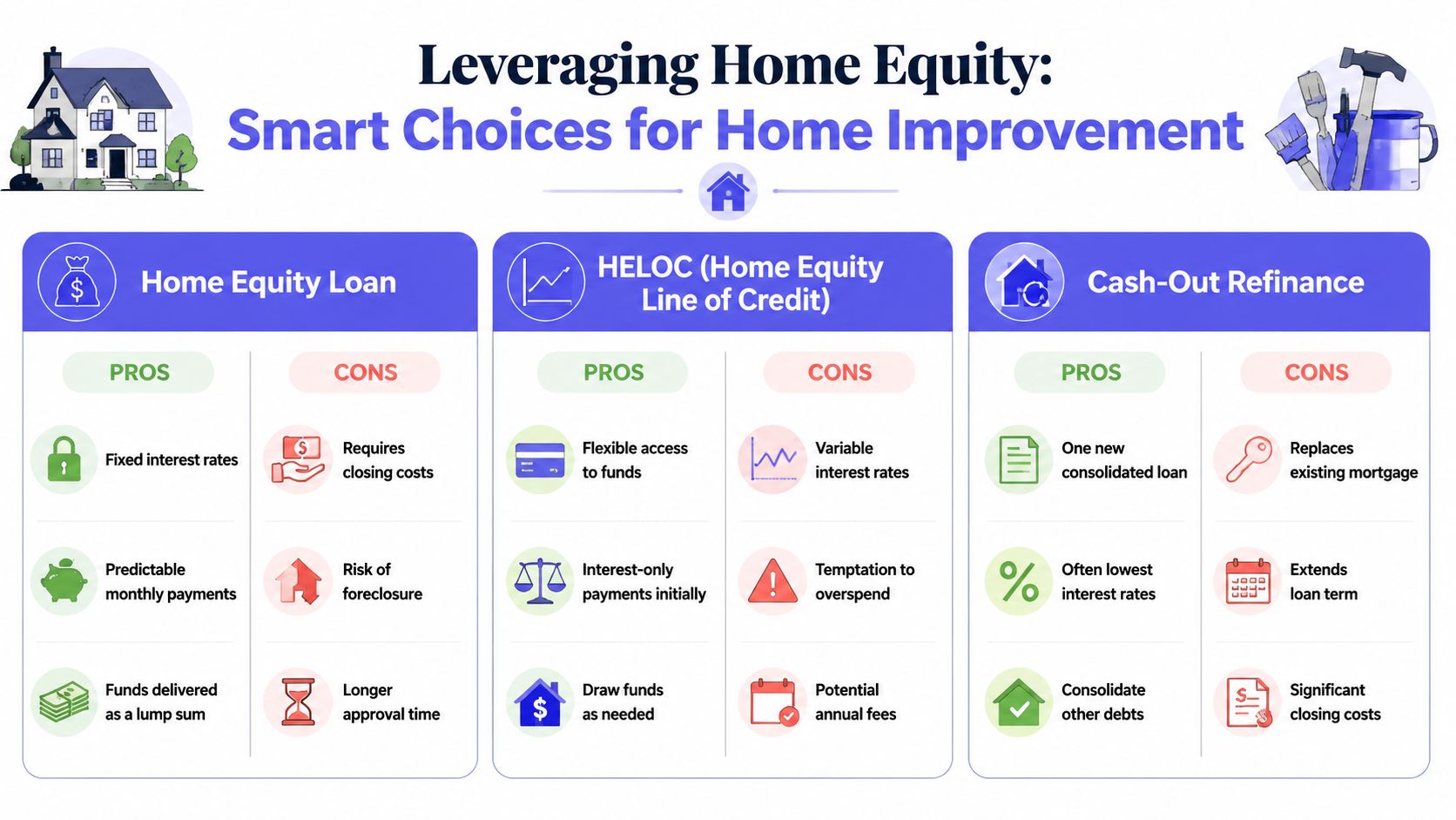 A comparison chart outlining the pros and cons of Home Equity Loans, HELOCs, and Cash-Out Refinancing.