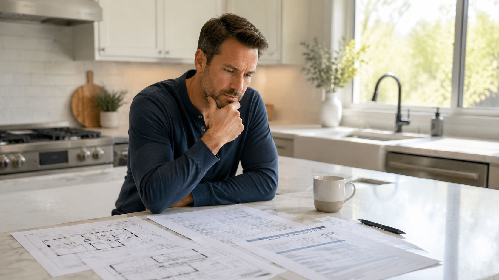 A man sits at a kitchen counter reviewing building plans and home improvement financial documents thoughtfully.