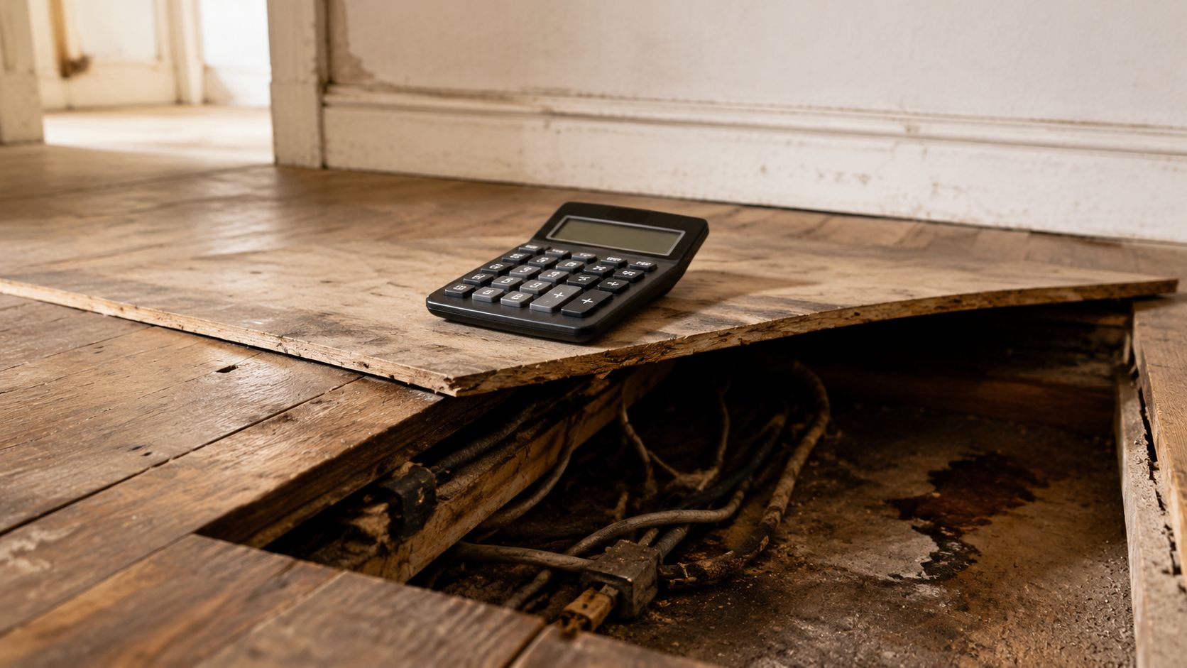 A black calculator resting on an open floorboard, exposing electrical wires underneath during home renovation.