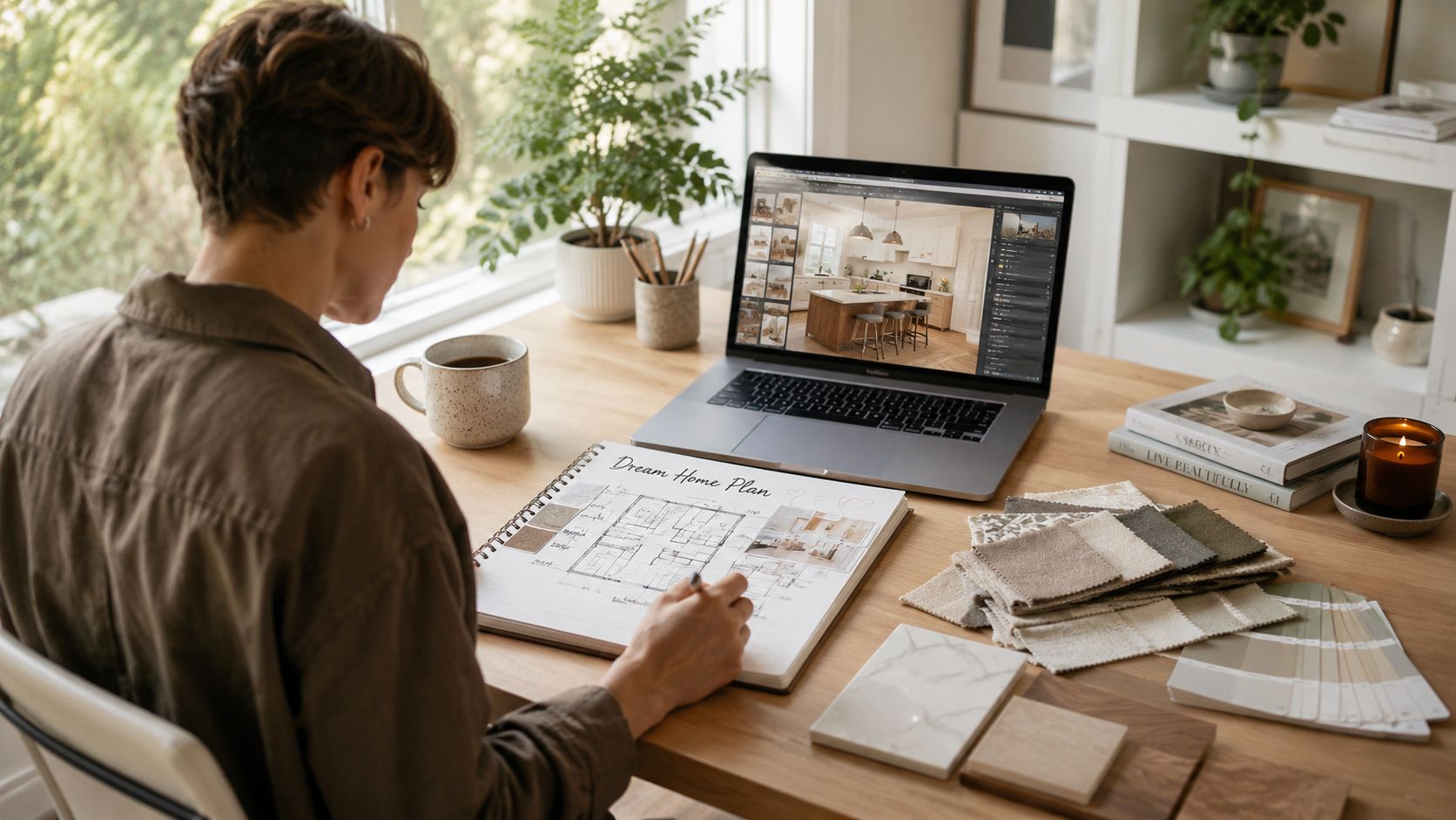A professional interior designer working on a home renovation project with floor plans and fabric swatches.