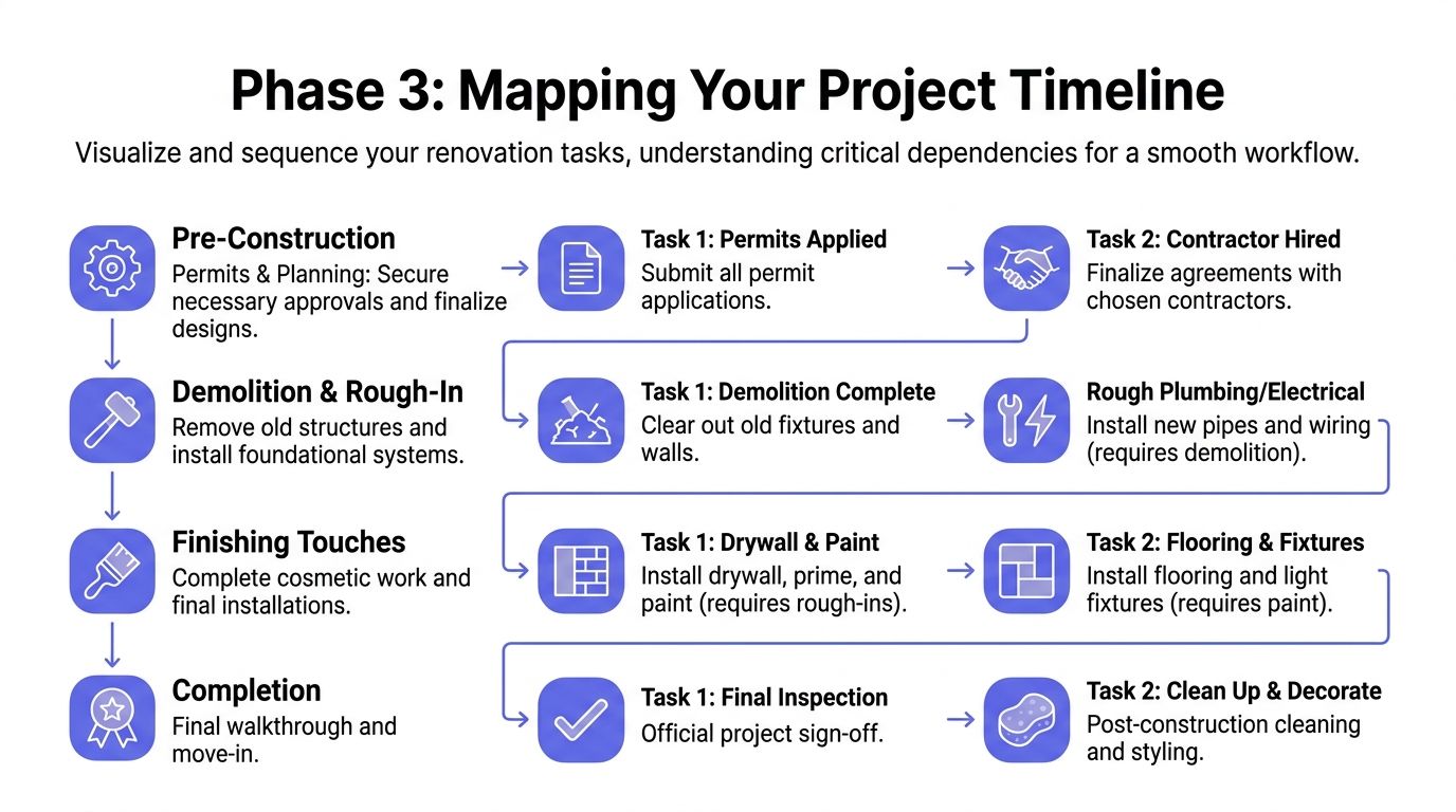 A project timeline chart for home renovations showing steps from pre-construction to final completion and move-in.