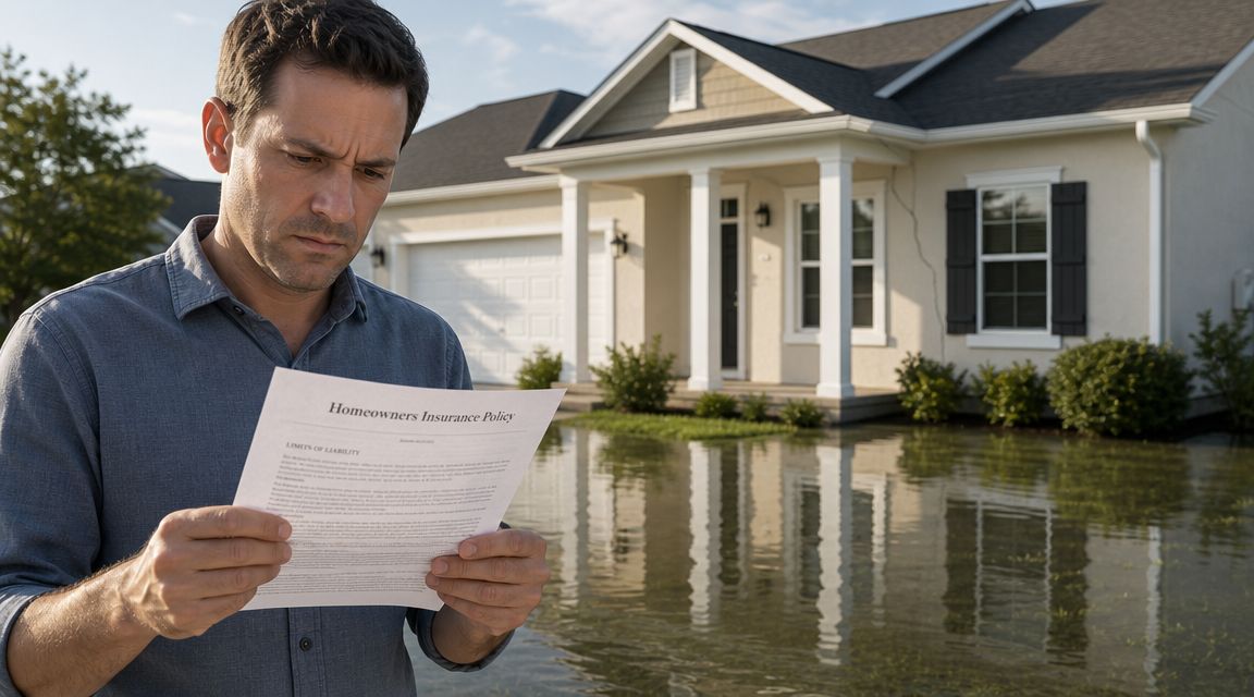 A concerned homeowner reads his insurance policy document while standing in front of his flooded property.