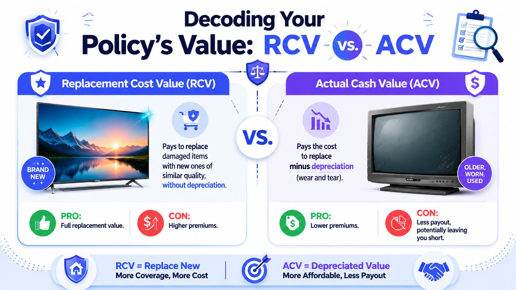 A comparison chart explaining the differences between Replacement Cost Value and Actual Cash Value in insurance policies.