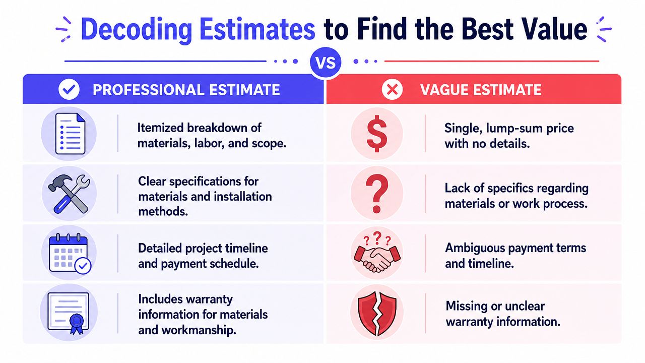 A comparison chart showing the differences between a detailed professional project estimate and a vague project estimate.