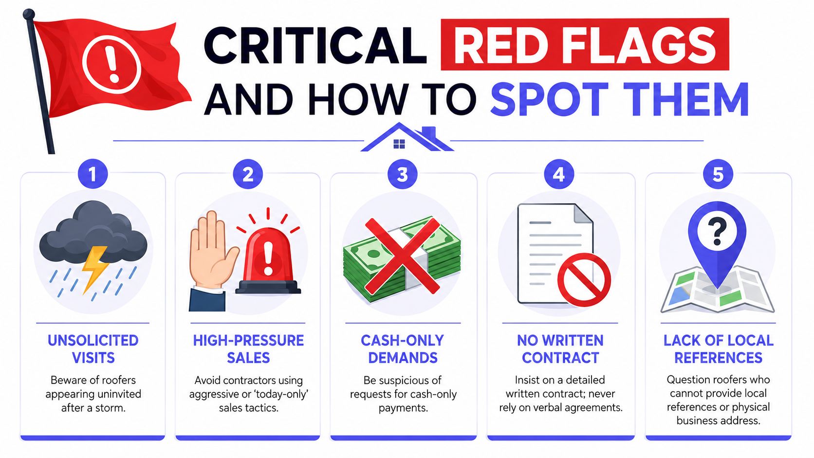 An infographic listing five critical red flags to look out for when hiring a roofing contractor.