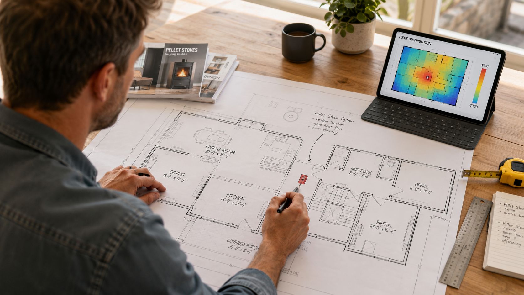A man sketching a floor plan on a blueprint while reviewing a heat distribution chart on a tablet.