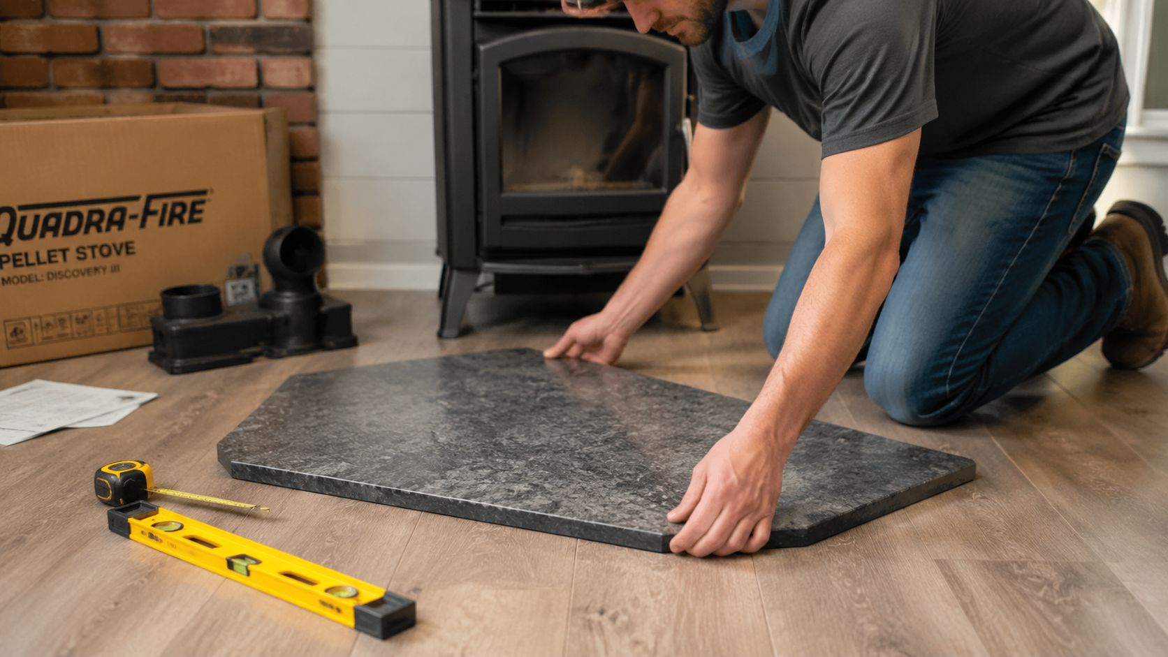 A person kneeling on a floor positioning a decorative stone hearth pad in front of a pellet stove.