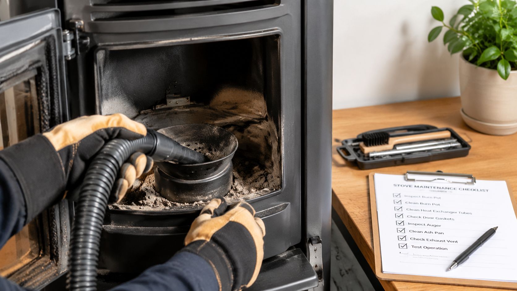 A person wearing protective gloves cleans a pellet stove burn pot using a vacuum hose during maintenance.