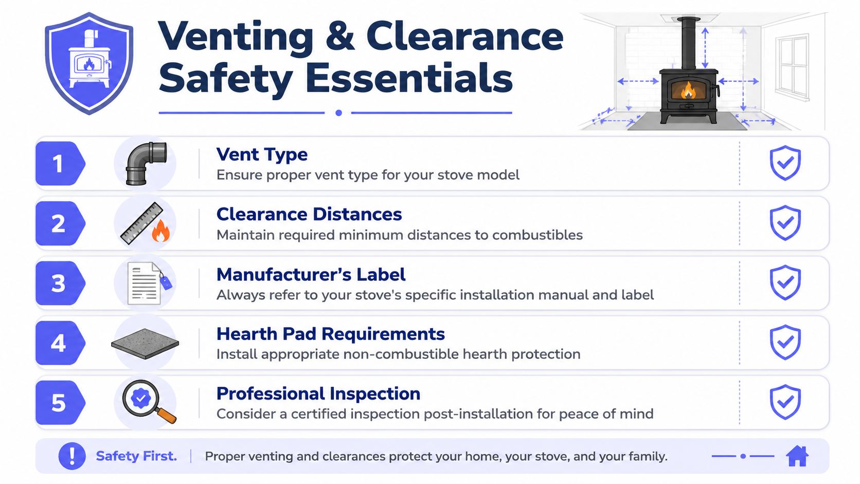 A safety infographic illustrating five essential steps for properly installing and venting a home wood or pellet stove.