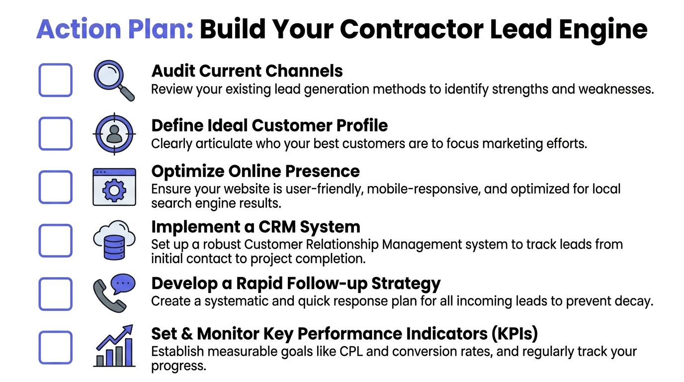 A checklist titled Action Plan: Build Your Contractor Lead Engine outlining six key business growth steps.