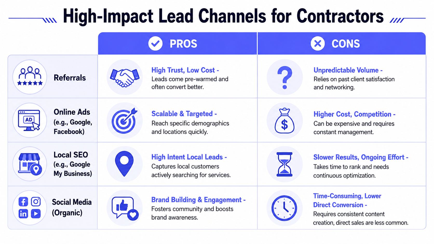 A table outlining pros and cons of various lead generation channels for contractors including referrals and digital marketing.