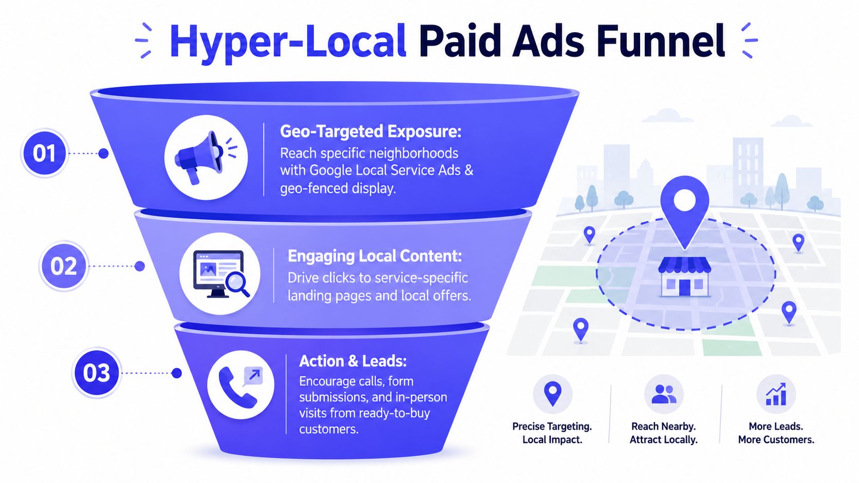 A marketing funnel infographic illustrating a strategy for hyper-local paid advertising to generate local customer leads.