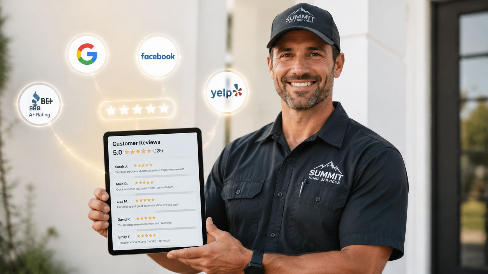A professional technician from Summit Home Services smiling while displaying positive customer reviews on a tablet device.