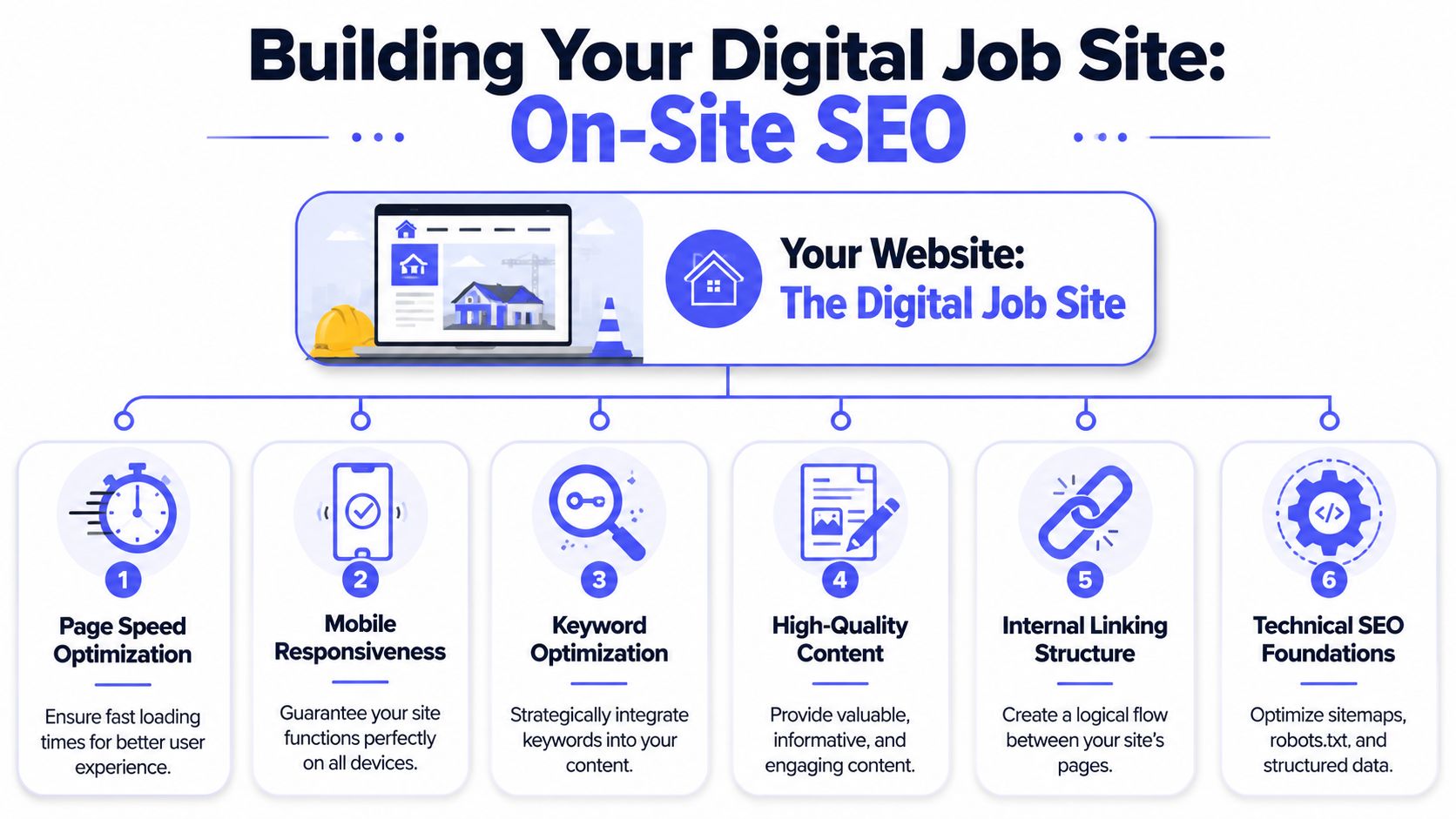A diagram illustrating six key elements of on-site SEO for building a digital contractor job site.