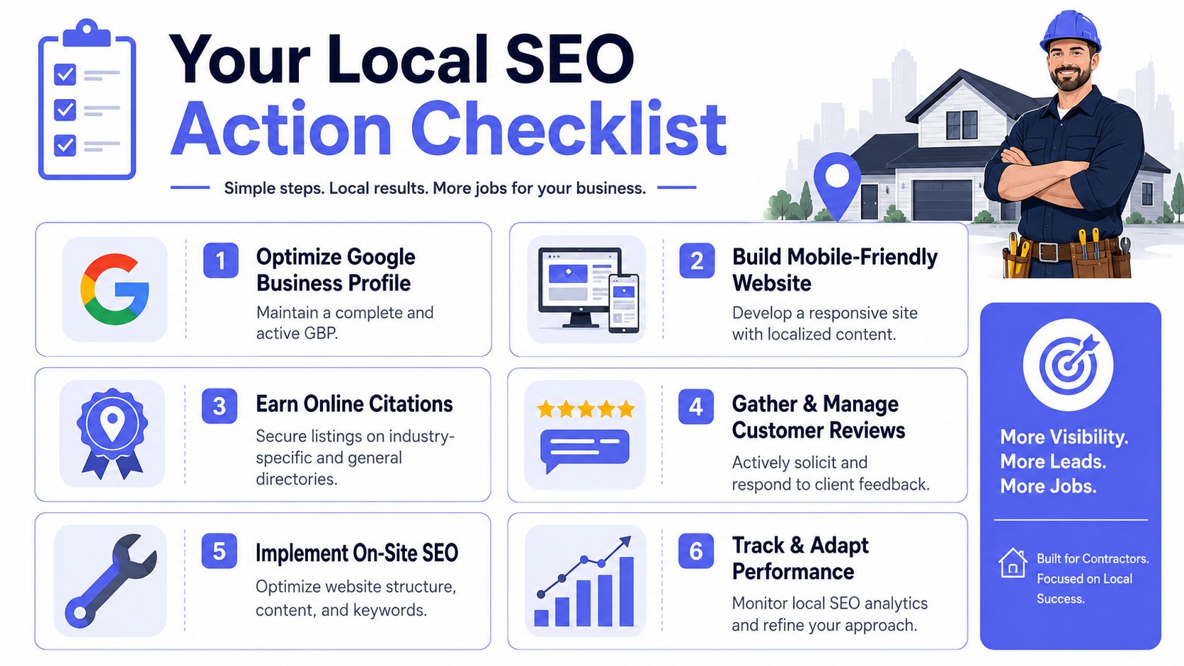 A checklist infographic titled Your Local SEO Action Checklist for contractors, detailing six essential steps for business growth.