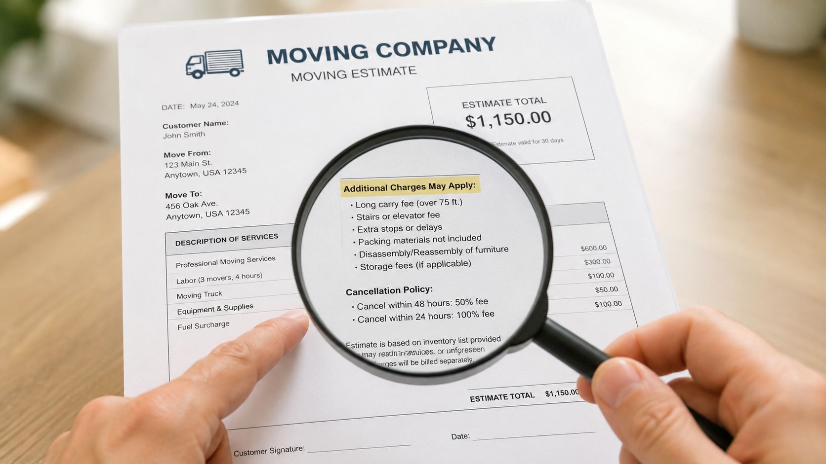 A person inspects a moving company estimate document with a magnifying glass to check additional charges.