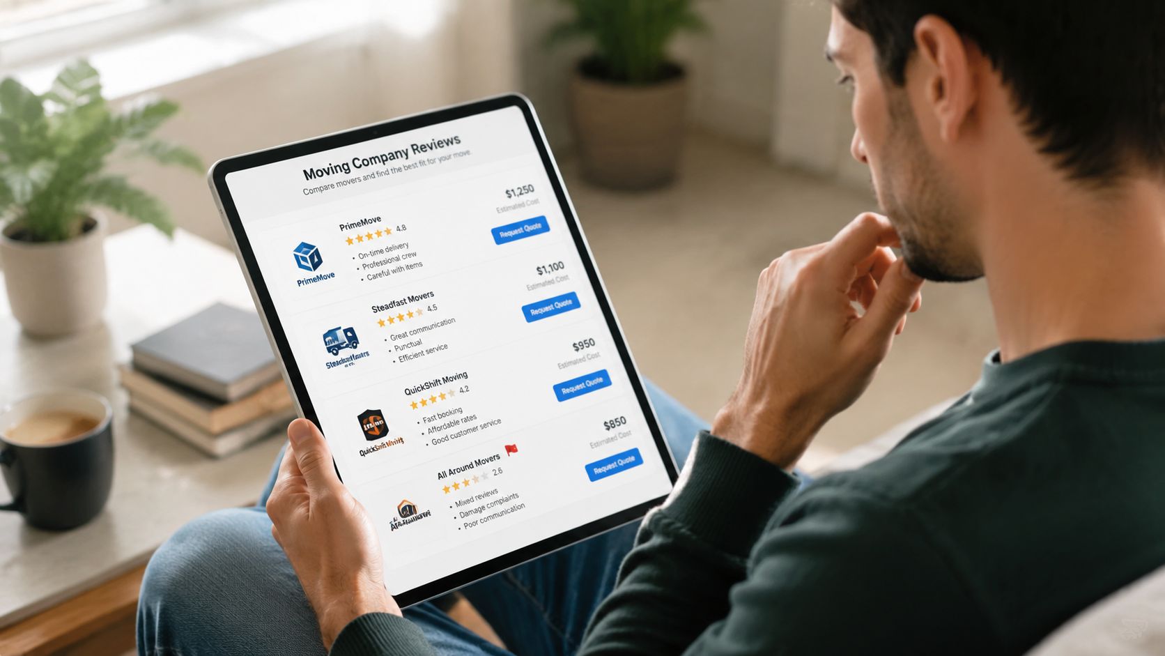 A man reviewing and comparing various moving company service costs and customer ratings on his tablet screen.