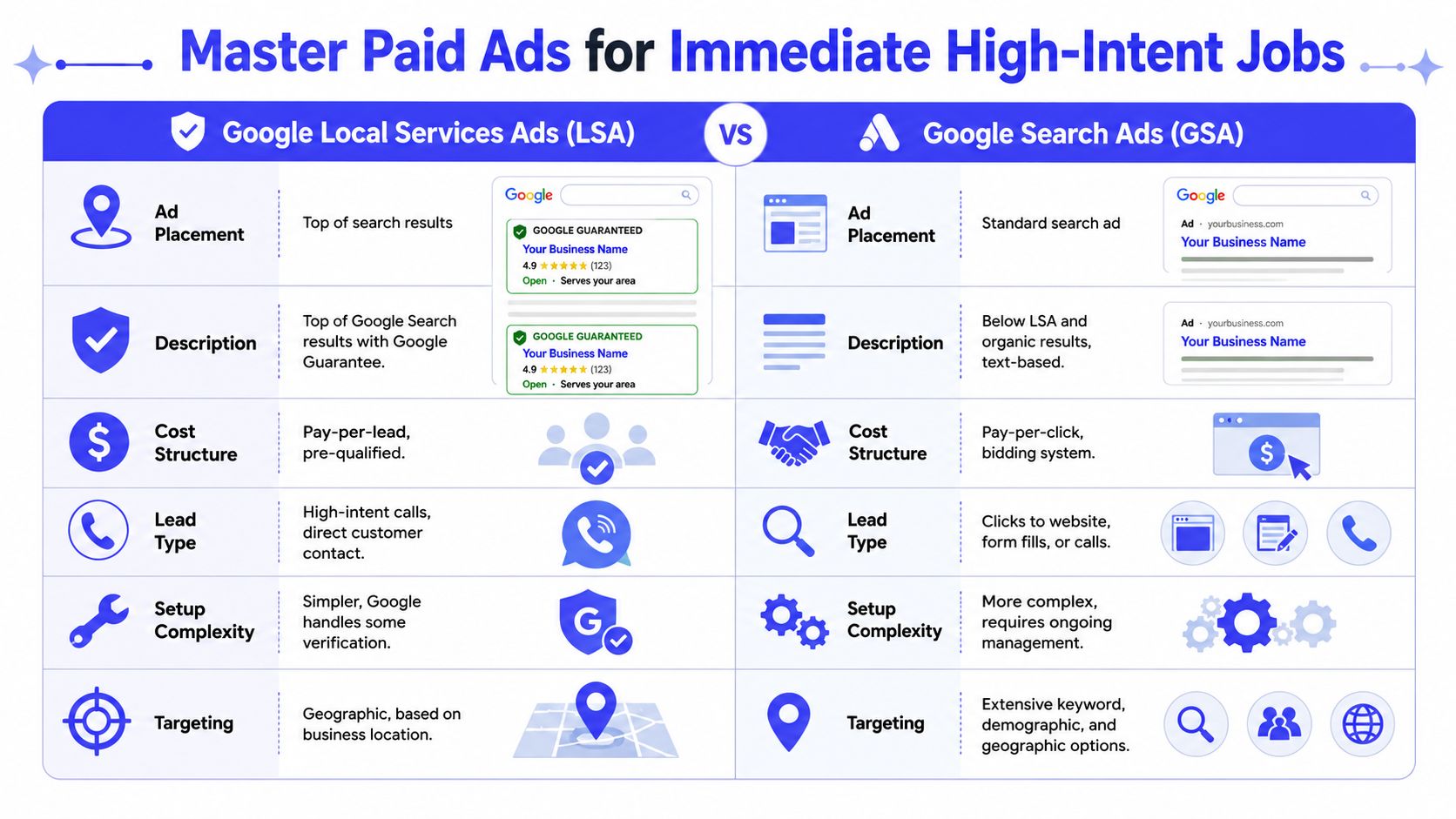 A comparison chart outlining the differences between Google Local Services Ads and Google Search Ads for businesses.