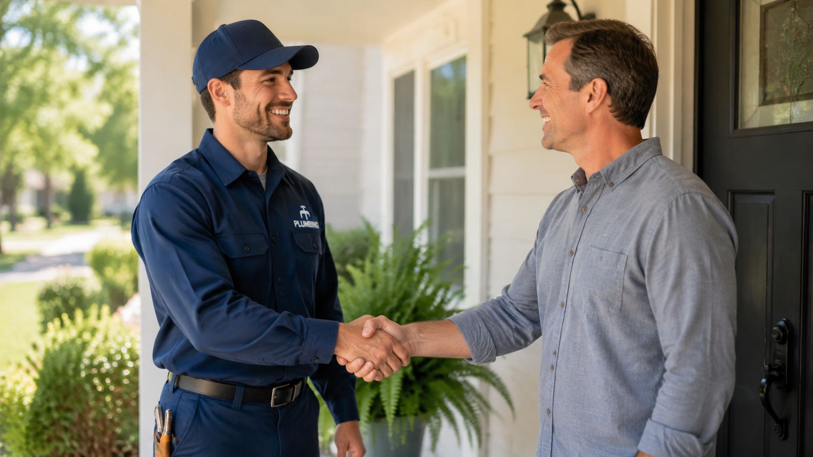 A professional plumber in a uniform shaking hands with a happy homeowner at a front door.