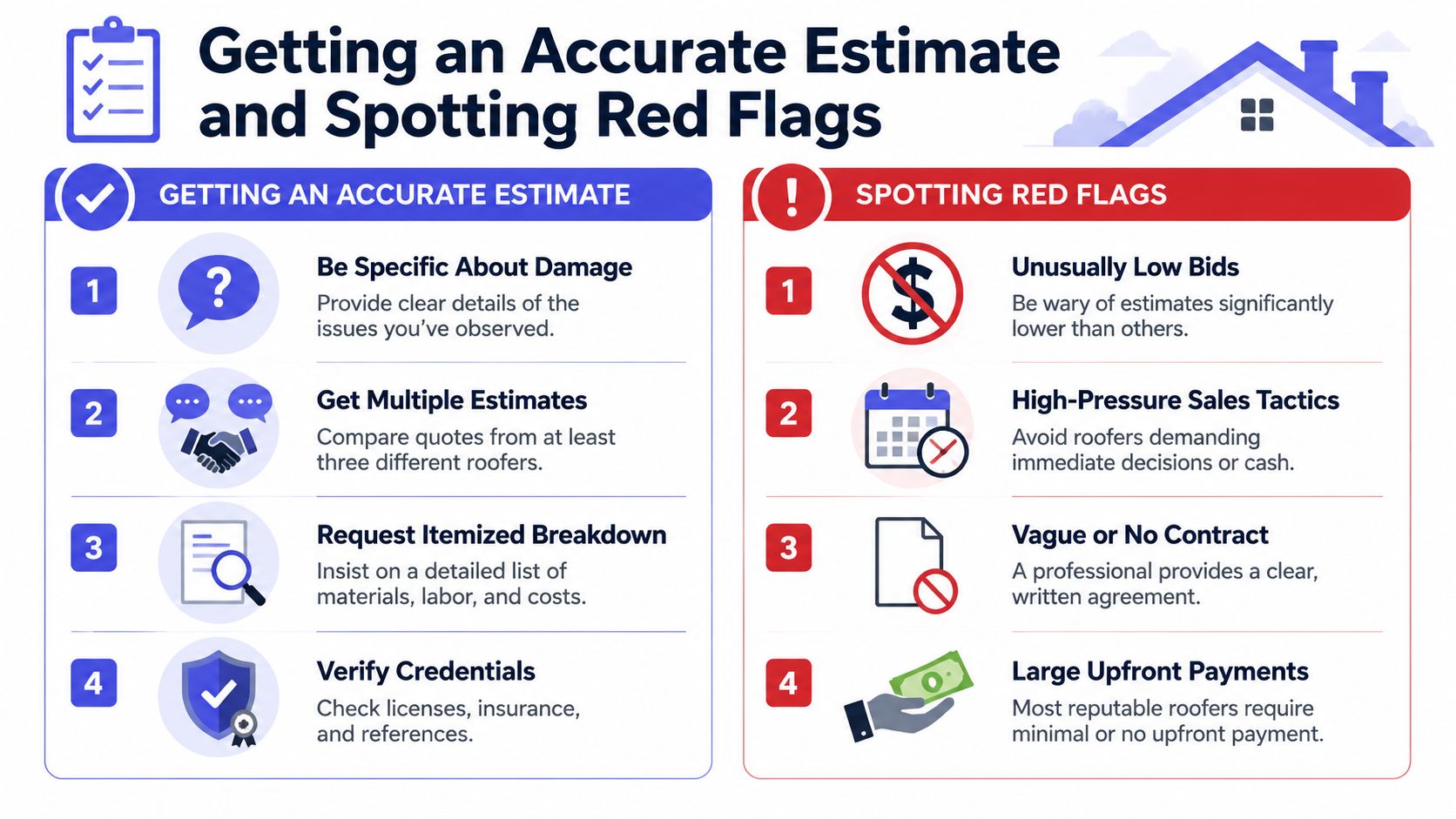 An infographic detailing steps to get an accurate roof estimate and red flags to avoid when hiring roofers.
