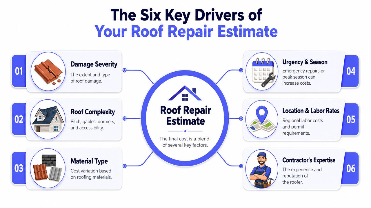 An infographic showing the six key drivers that influence the final cost of a roof repair estimate.