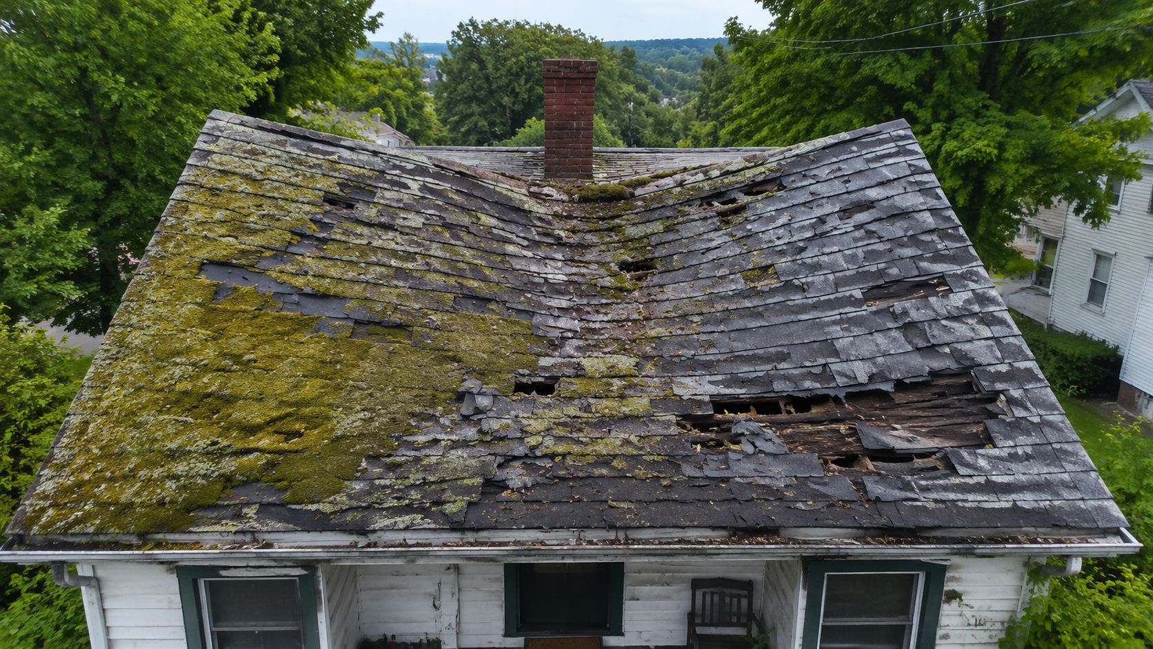 An aerial view of a heavily damaged residential roof with missing shingles, moss growth, and structural sagging.