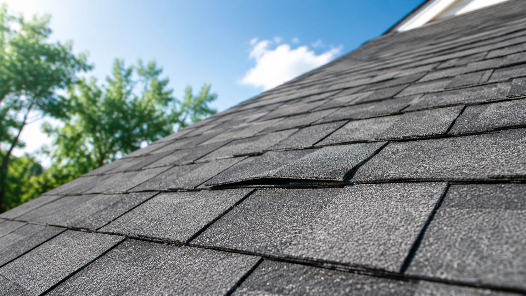 A close up view of a damaged shingle on a residential roof needing repair or replacement.
