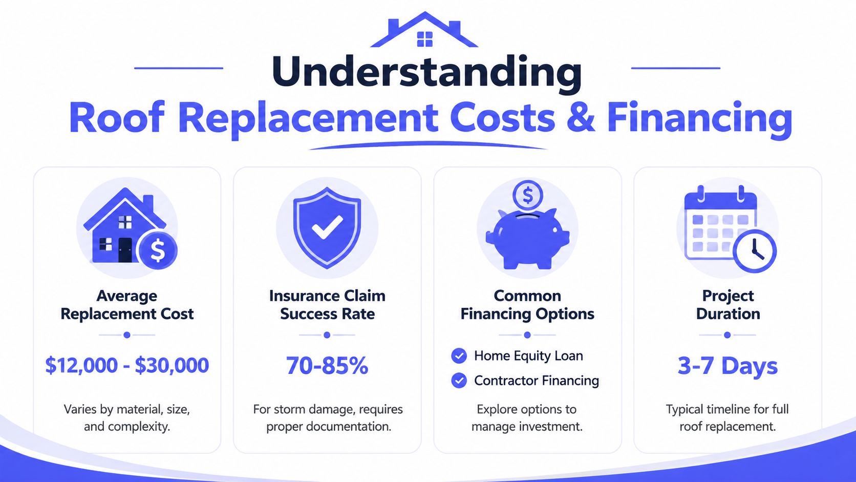 An infographic showing roof replacement costs, insurance claim success rates, financing options, and the average project duration.