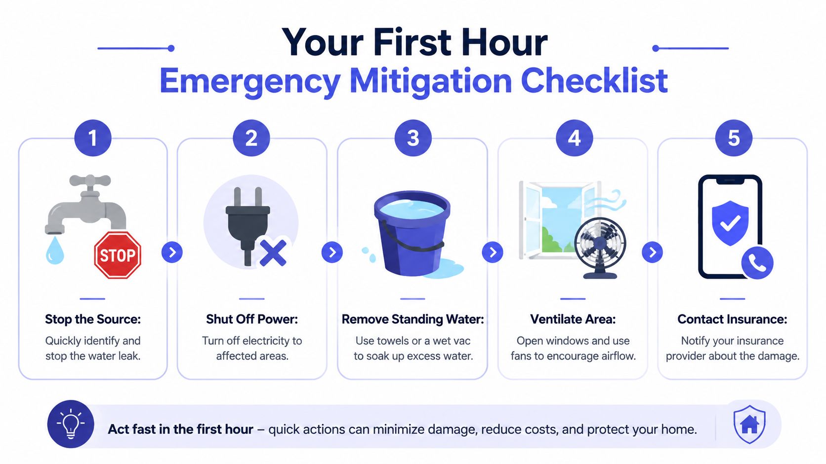 A five-step emergency mitigation checklist infographic illustrating how to handle water damage in your home quickly.