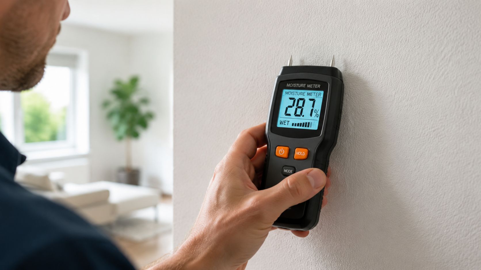 A professional technician uses a digital moisture meter to measure the dampness level on a residential wall.