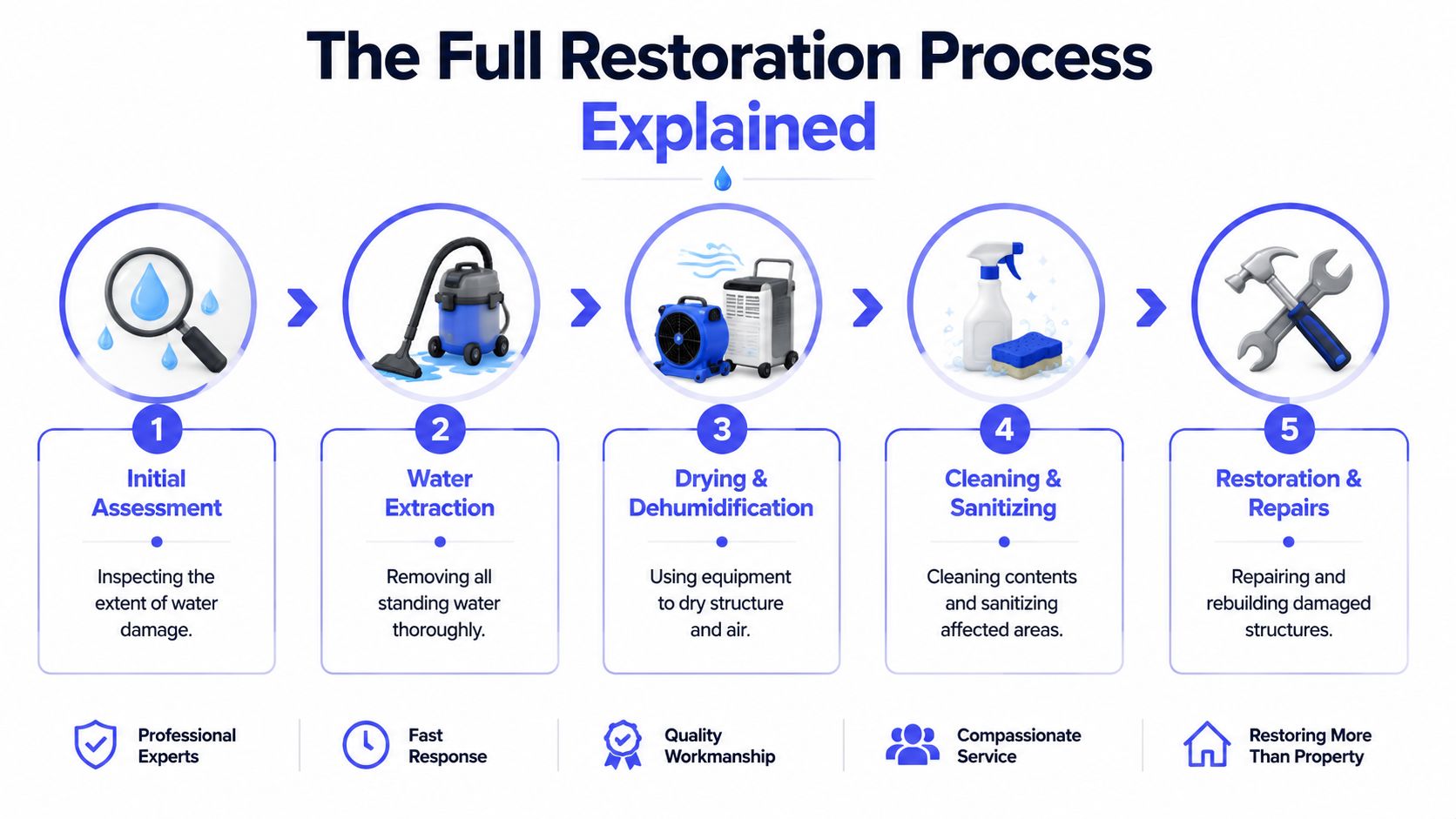 A diagram illustrating the five stages of the water damage restoration process from assessment to final repair.