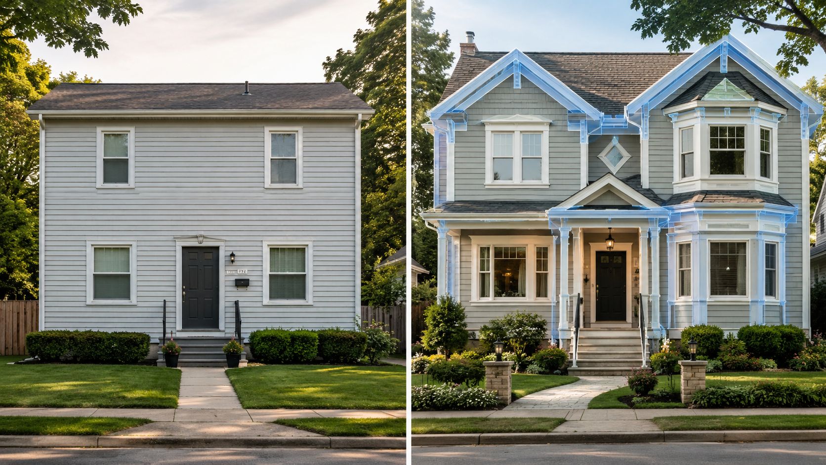 A split image showing a simple house exterior compared with a renovated home featuring upgraded siding and architecture.