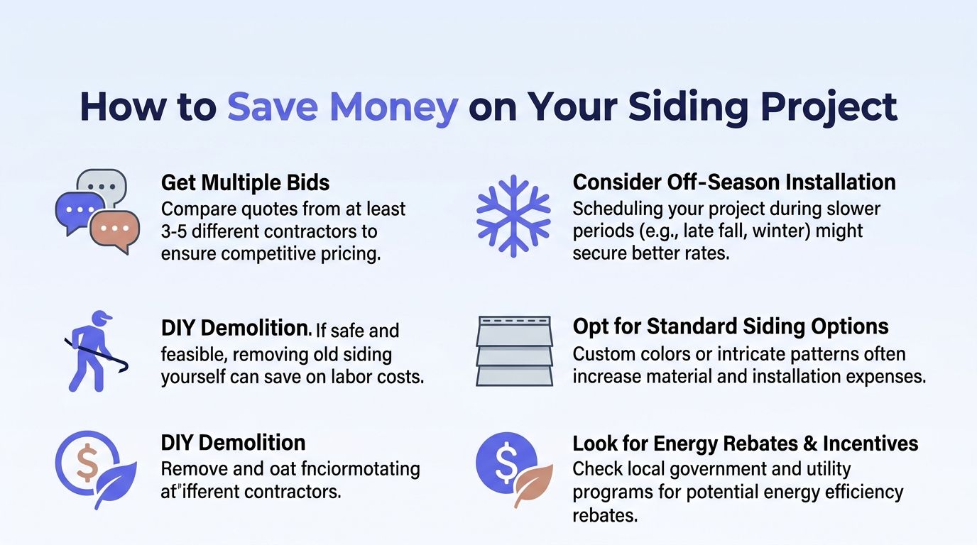An infographic showing six helpful tips to reduce the overall costs of a home siding project.