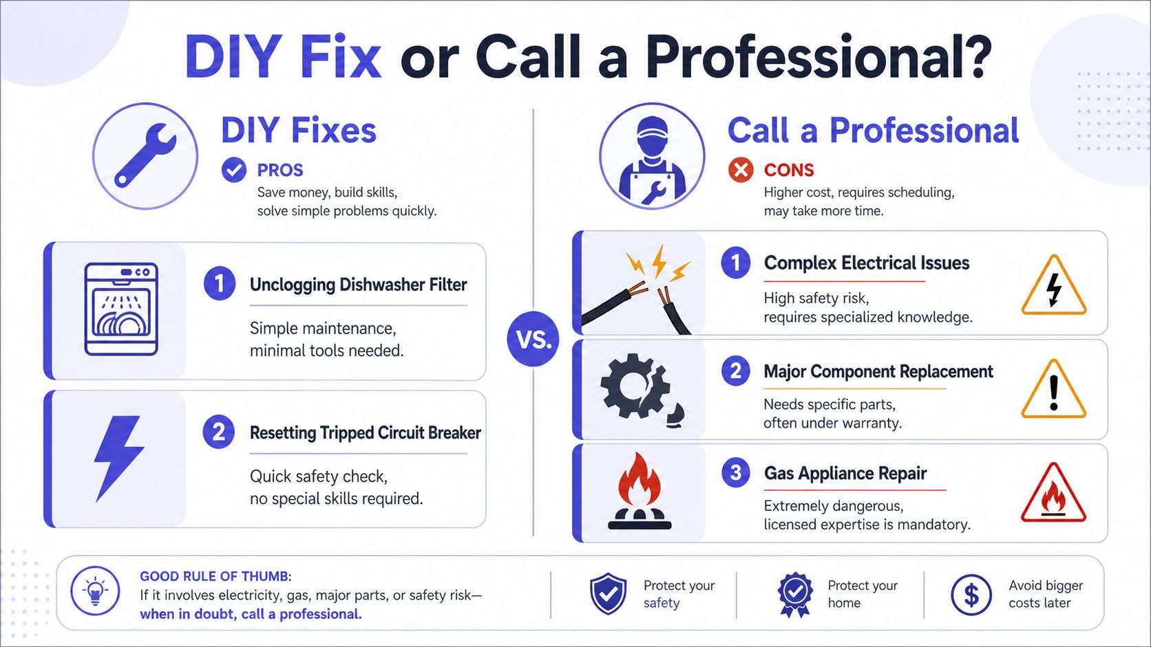 An infographic comparing DIY appliance fixes with when you should call a professional technician for help.