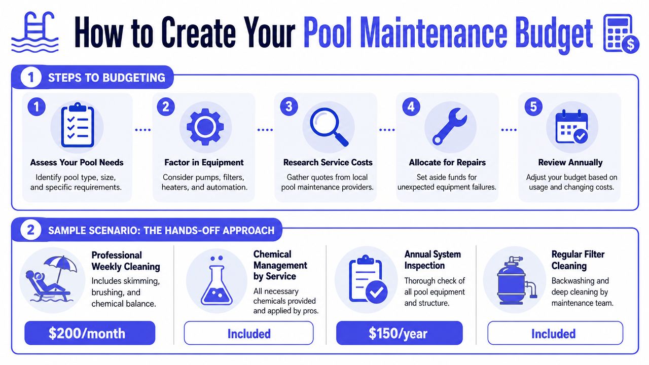 An infographic titled How to Create Your Pool Maintenance Budget outlining five steps and a hands-off service scenario.