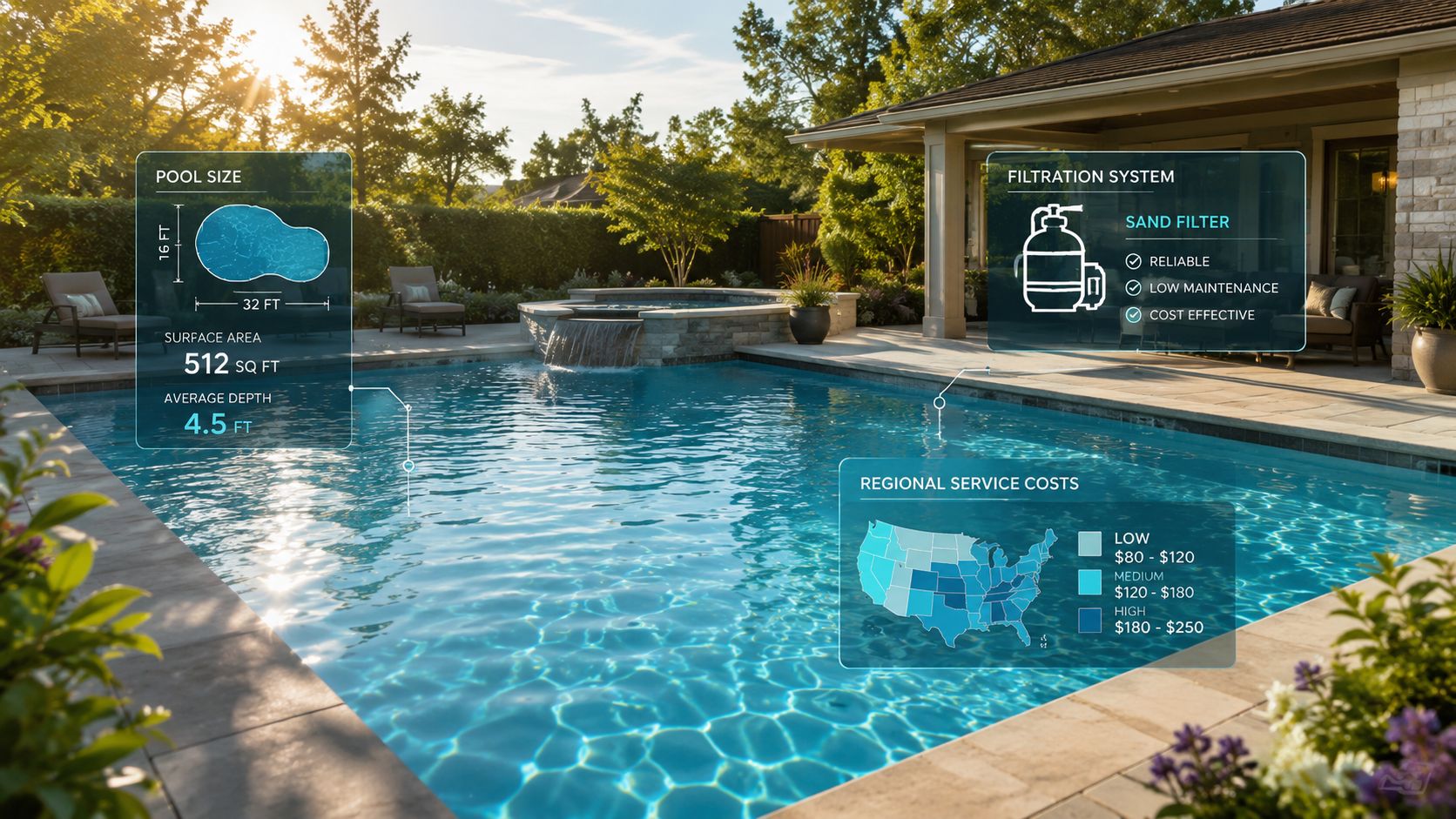 A luxurious backyard swimming pool with infographic overlays detailing pool size, filtration system, and regional maintenance costs.